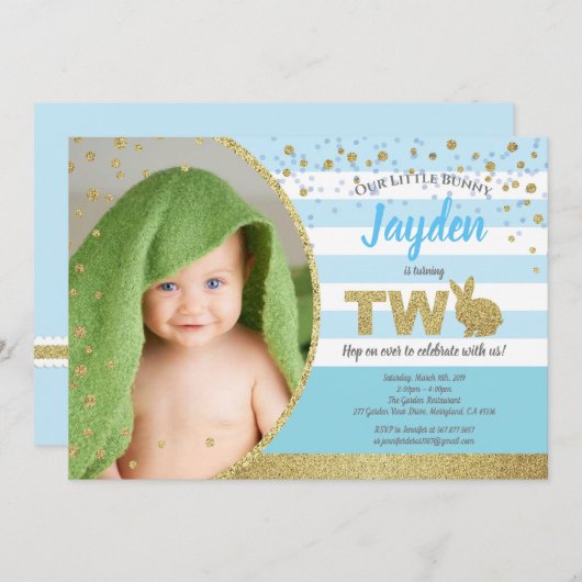 うさぎの男の子の2歳の誕生日写真招待状(青) 招待状 (正面/裏面)