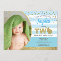 うさぎの男の子の2歳の誕生日写真招待状（青）