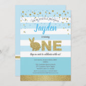 うさぎの男の子 1歳の誕生日招待状 青と金 招待状 (正面/裏面)