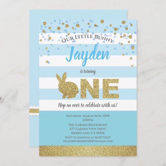 うさぎの男の子 1歳の誕生日招待状 青と金 招待状 (正面/裏面)