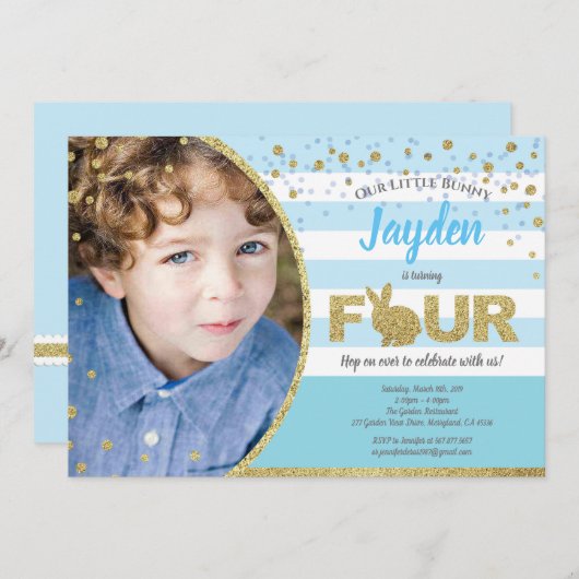 うさぎの男の子 4歳の誕生日写真招待状(青) 招待状 (正面/裏面)