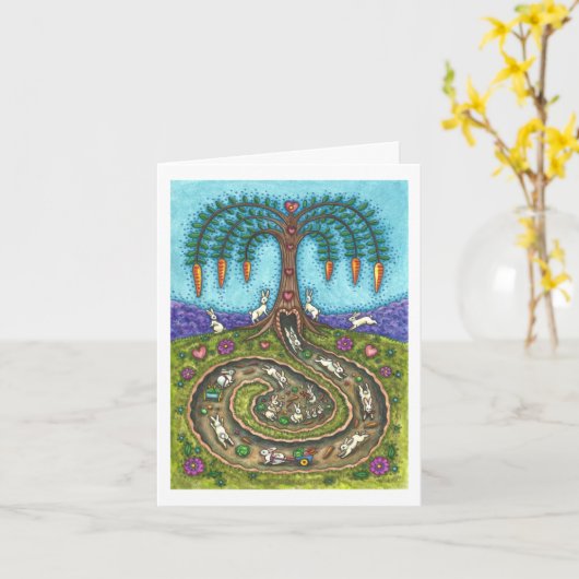 うさぎの穴の下に、ニンジン柳の木のおもしろい 空白の カード (黄色い花)