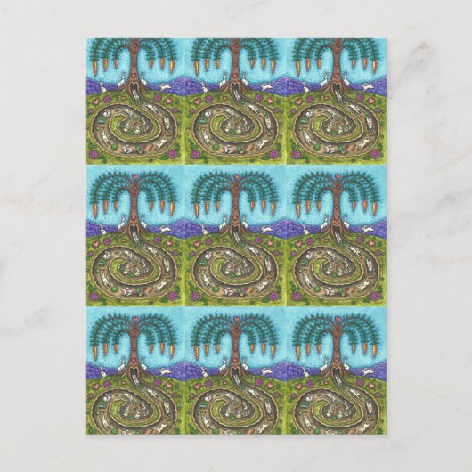 うさぎの穴を下って、ニンジン柳の木のフォークアート ポストカード (正面)