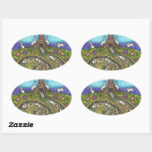 うさぎの穴を下って、ニンジン柳の木のフォークアート 楕円形シール (シート)