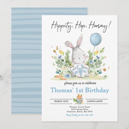 うさぎの誕生日パーティー 青いうさぎ イースターの誕生日 招待状 (正面/裏面)