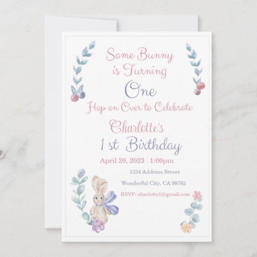 うさぎの1歳の誕生日招待状, うさぎの誕生日パーティー, 1歳 招待状 (正面)