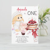うさぎの1歳の誕生日 - 赤ちゃん女の子の最初の誕生日 招待状 (スタンド正面)