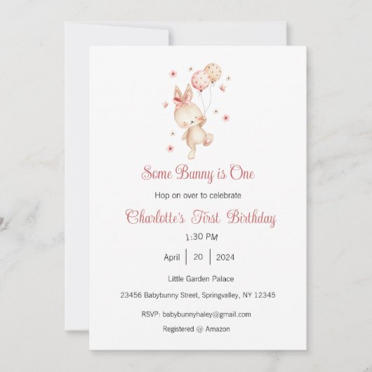 うさぎの1歳誕生日招待状, うさぎの誕生日パーティー, 1歳 招待状 (正面)