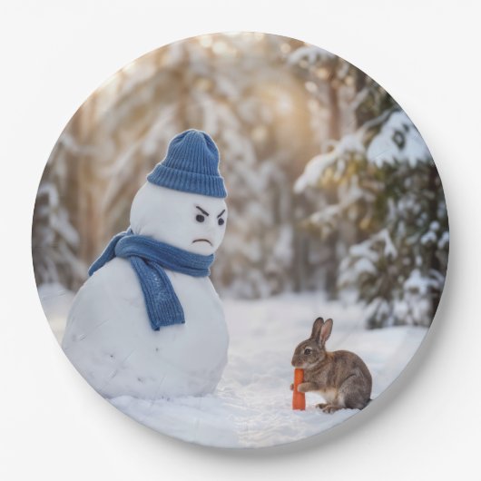 うさぎを見つめる不機嫌な雪だるま ペーパープレート (正面)