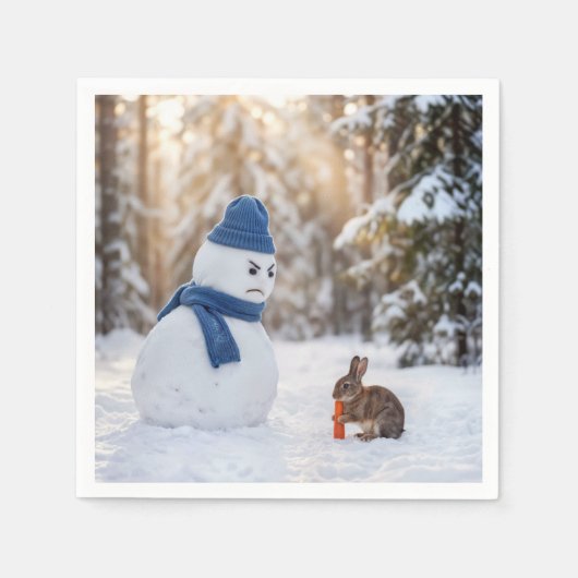うさぎを見下ろす雪だるま スタンダードカクテルナプキン (正面)
