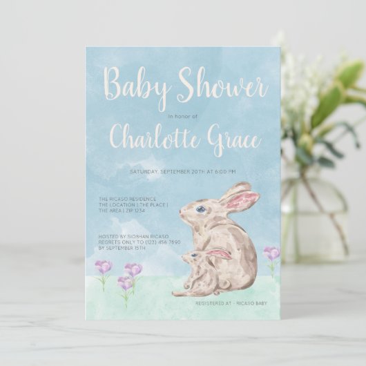 うさぎウッドランド水彩赤ユニセックスちゃんシャワー 招待状 (スタンド正面)