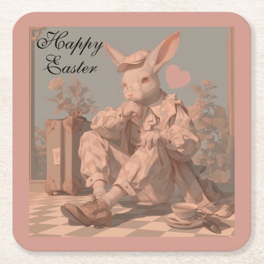 うさぎビクトリアン待て、うさぎ少年、春 スクエアペーパーコースター (正面)