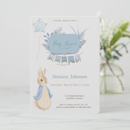 うさぎピーター赤ちゃんは男の子をシャワー 招待状 (スタンド正面)