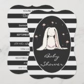 うさぎベイビーシャワー ピンクの花 ブラック アンド ホワイト ストライプ 招待状 (正面/裏面)