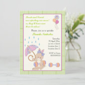 うさぎベイビー ライムグリーン チェック柄 枠 招待状 (スタンド正面)