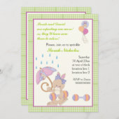 うさぎベイビー ライムグリーン チェック柄 枠 招待状 (正面/裏面)