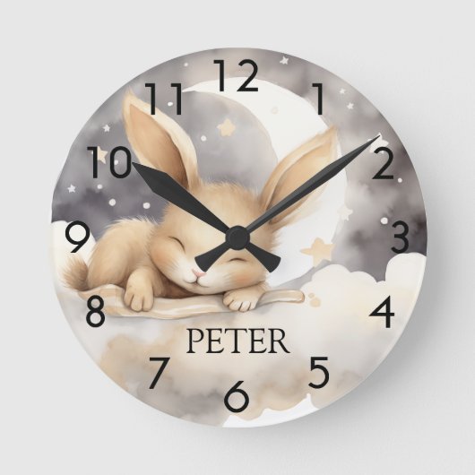 うさぎムーンスカイベージュかわいい子供部屋 ラウンド壁時計 (正面)