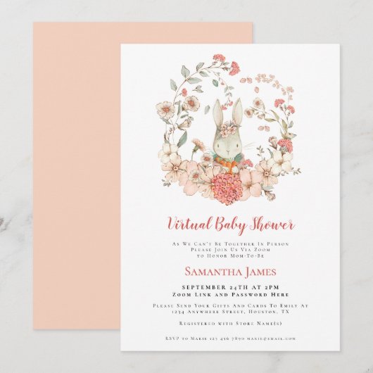 うさぎヴィンテージ ピーチの葉のバーチャルベイビーシャワー 招待状 (正面/裏面)