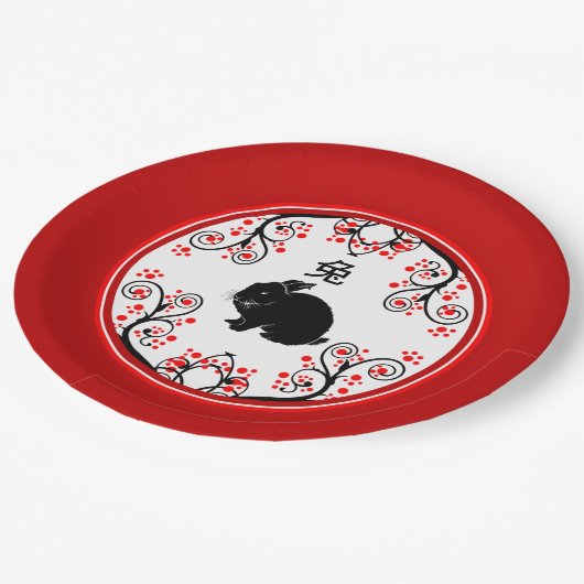 うさぎ中国のと赤い花の正月 ペーパープレート (アングル)