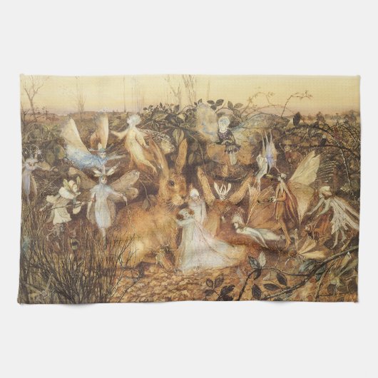 うさぎ妖精たちの間で、ヴィンテージ童話 キッチンタオル (横)
