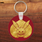うさぎ家紋の赤いフェイク金ゴールドのウサギ キーホルダー (正面)