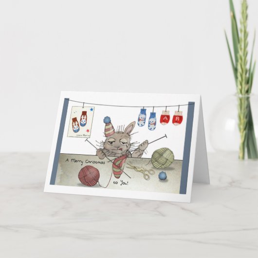 うさぎ編み物クリスマスハット カード (正面)