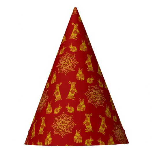 うさぎ赤と金ゴールド曼荼羅模様の年 パーティーハット (正面)