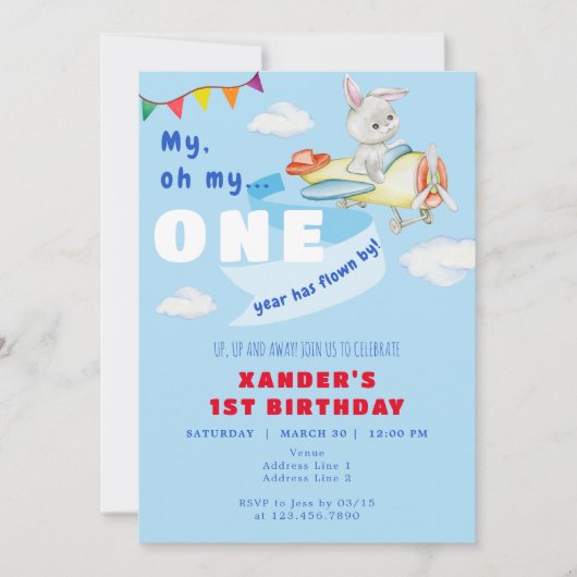 うさぎ飛行機パイロット1歳お誕生日飛行 招待状 (正面)