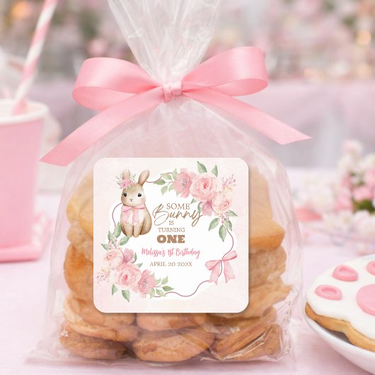うさぎ1歳の誕生日 お花 ピンク かわいい スクエアシール