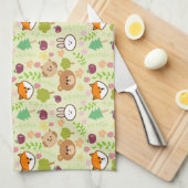 うさぎ，ネコ，キツネ，クマの柄 キッチンタオル (四つ折り)