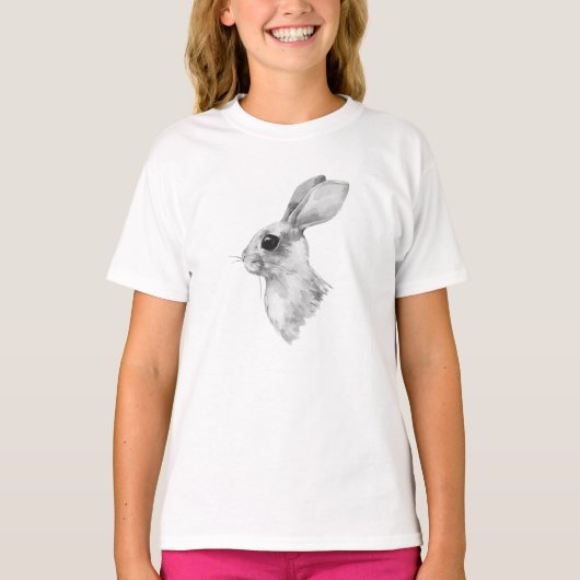 うさぎ。白黒の水色 Tシャツ (正面)
