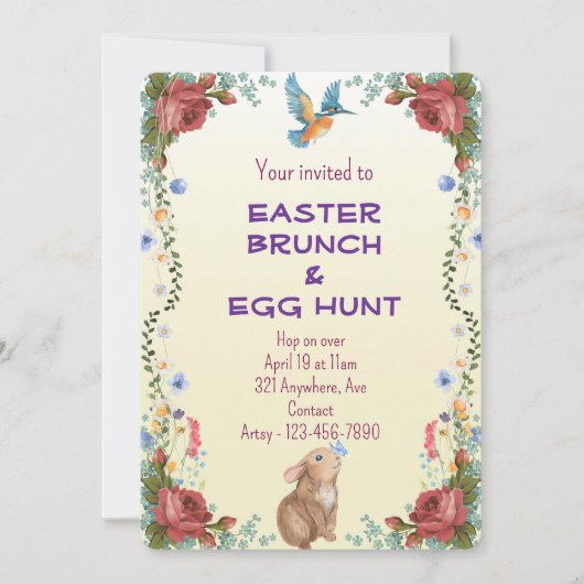 うさぎ、蝶、鳥 & 赤いバラ 招待状 (正面)