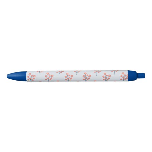 うす青の霞がかった背景に珊瑚色の花の小枝が描かれたパターン 青ボールペン (正面)