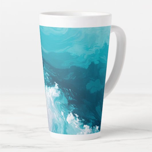 うずまくターコイズの波　抽象的な海洋波のアート カフェラテマグ (右アングル)