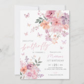 うちのちっちゃな蝶々のお花の1歳の誕生日 招待状 (正面)