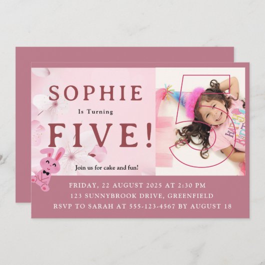 うちのスイートバニープリンセスが5歳に！パーティーのお誘い 招待状 (正面/裏面)