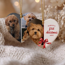 うちの子犬と初めてのクリスマス 4枚の写真と赤いリボン
