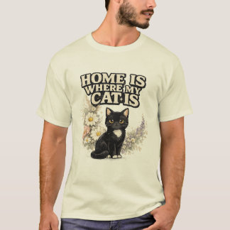 うちの猫がいるのが家 ブラックキャット フラワー Tシャツ