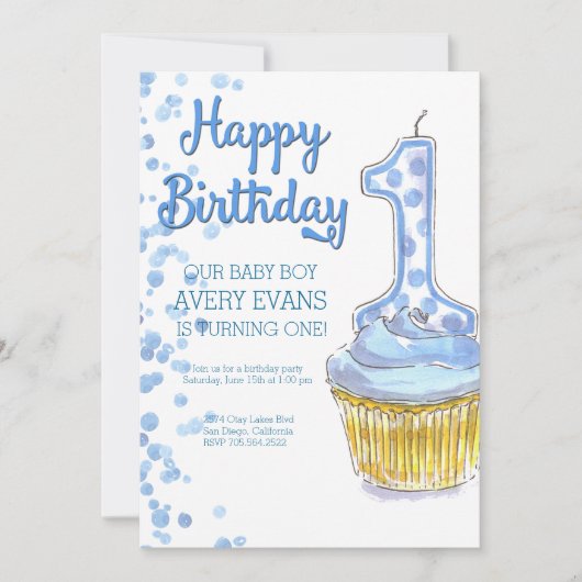 うちの男の子が1歳になる！青い誕生日パーティーの招待状 招待状 (正面)
