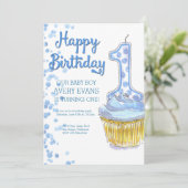 うちの男の子が1歳になる！青い誕生日パーティーの招待状 招待状 (スタンド正面)