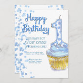 うちの男の子が1歳になる！青い誕生日パーティーの招待状 招待状 (正面/裏面)