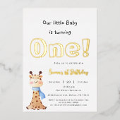 うちの赤ちゃんが1歳に!かわいいキリン1歳の誕生日 箔招待状 (正面)