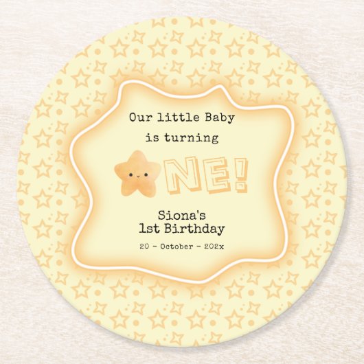 うちの赤ちゃんが1歳のキュートなスター誕生日 ラウンドペーパーコースター (正面)