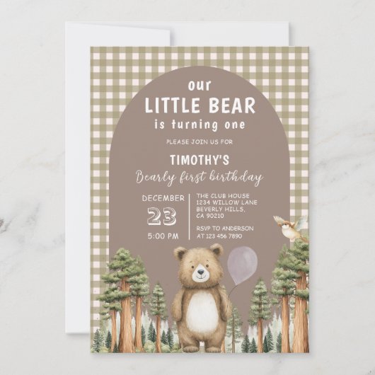 うちの Little Bear は1歳の誕生日を迎えるよ、 フォレストギンガム 招待状 (正面)