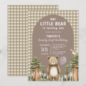 うちの Little Bear は1歳の誕生日を迎えるよ、 フォレストギンガム 招待状 (正面/裏面)