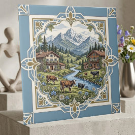 うっとりするような牧草地の放牧牛の風景が描かれた、田舎のシャレーの山をイメージしたデザイン タイル