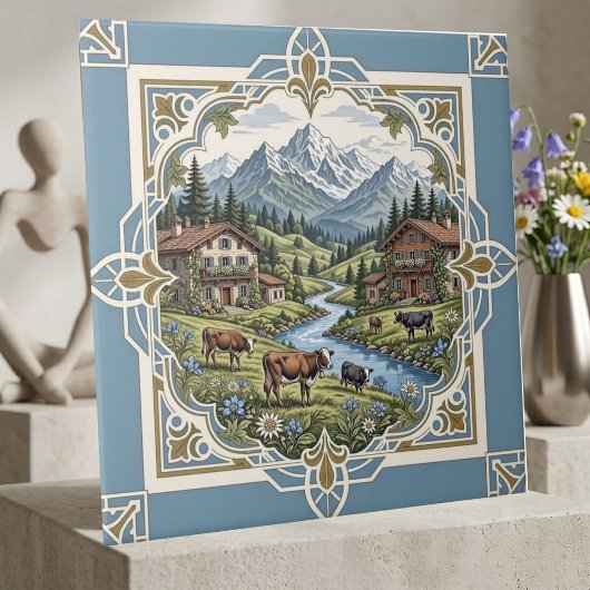 うっとりするような牧草地の放牧牛の風景が描かれた、田舎のシャレーの山をイメージしたデザイン タイル