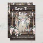 うっとりピンク 緑 ボヘミアンハート 鹿の角 トライバル フェザー ウッド セーブザデート (正面/裏面)