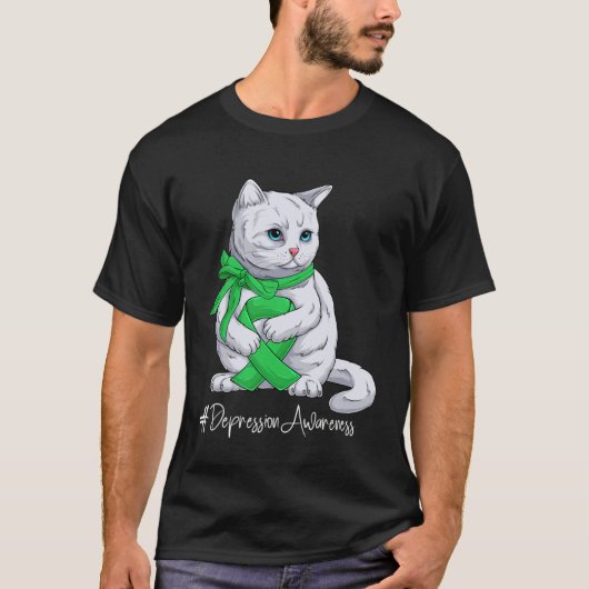 うつ病啓発月間 グリーンリボン 猫 Tシャツ (正面)
