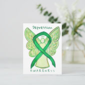 うつ病認識度リボングリーンエンジェルポストカード ポストカード (スタンド正面)